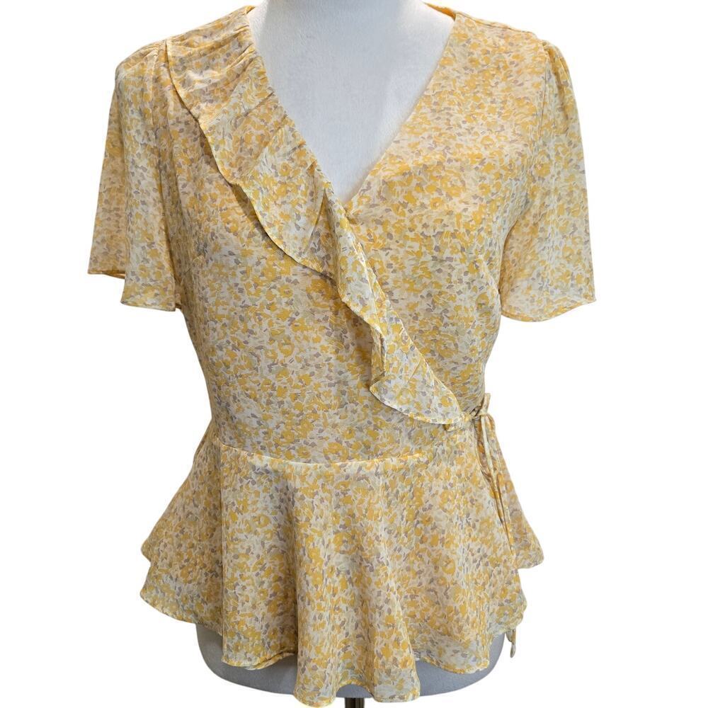 Skies Are Blue Floral Wrap Blouse Flutter Sleeve Sz S Cottage Core Femme